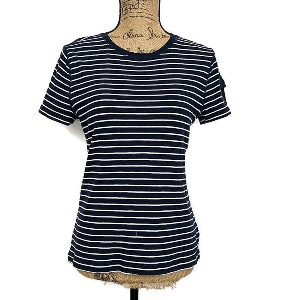 Chaps Womens sz L Top Blue Stripe Short Sleeve Button Pocket Pullover Tshirt‎